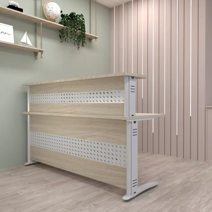 BALCÃO DE ATENDIMENTO RETO COM MEZANINO E PÉ DE AÇO