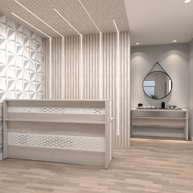 BALCÃO DE ATENDIMENTO RETO COM DETALHES EM AÇO