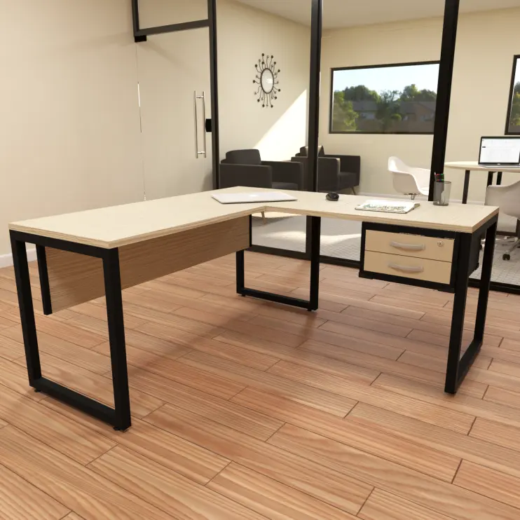 MESA EM L COM GAVETEIRO FIXO E PÉ EM AÇO