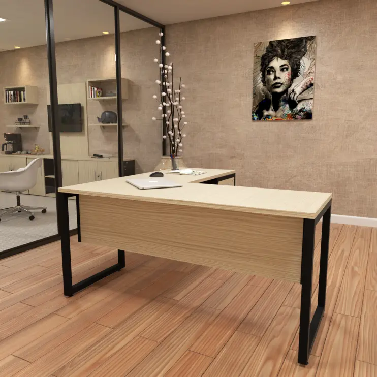 MESA EM L COM GAVETEIRO FIXO E PÉ EM AÇO