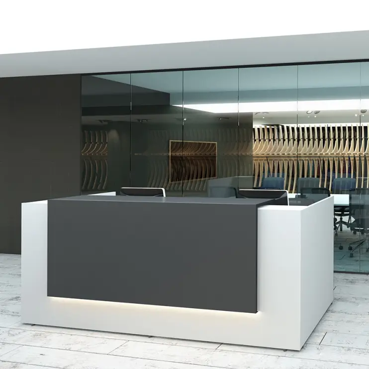 BALCÃO DE ATENDIMENTO RETO COM PAINEL  FRONTAL EM MADEIRA