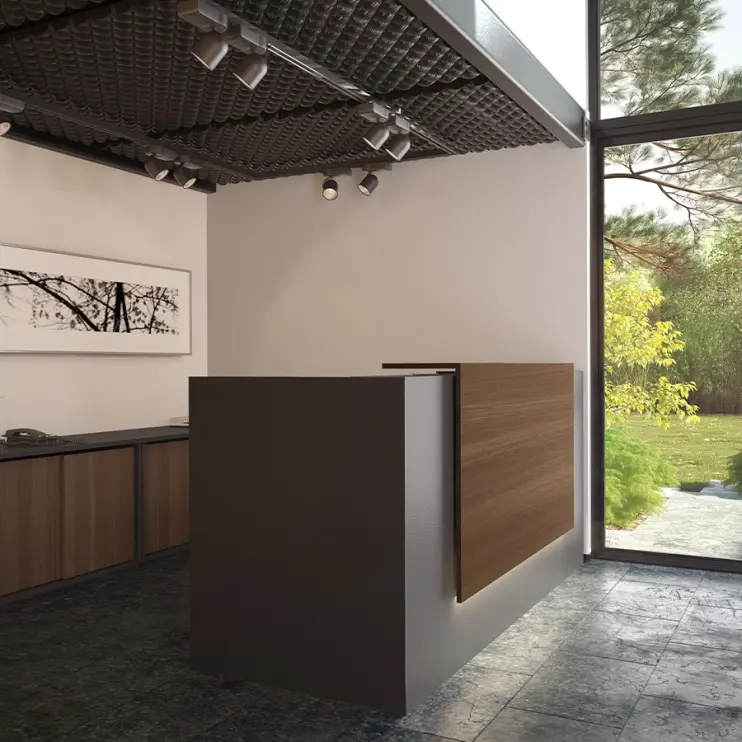 BALCÃO DE ATENDIMENTO RETO COM PAINEL  FRONTAL EM MADEIRA