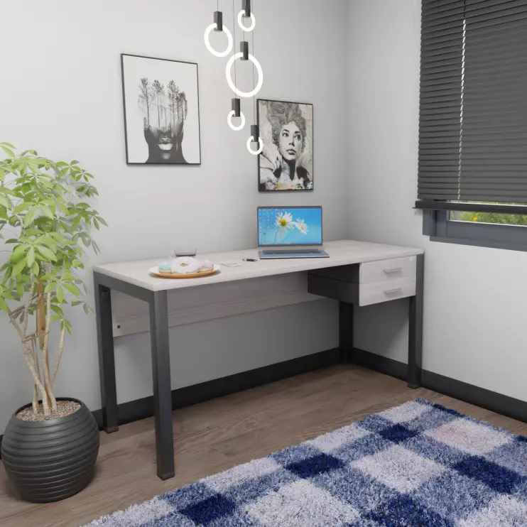 MESA RETA PÉ TRAVE DE AÇO COM GAVETEIRO FIXO