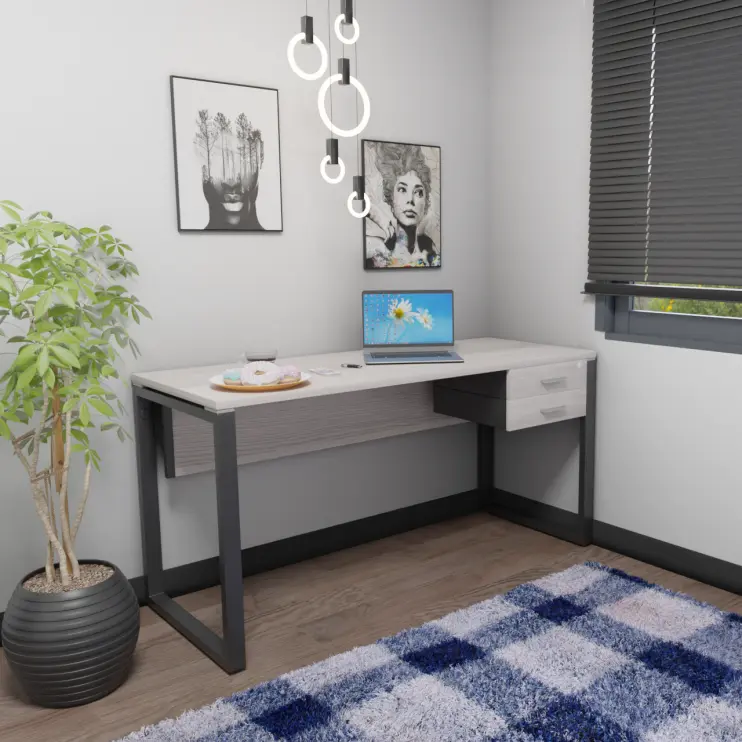 MESA RETA PÉ TRAVE DE AÇO COM GAVETEIRO FIXO