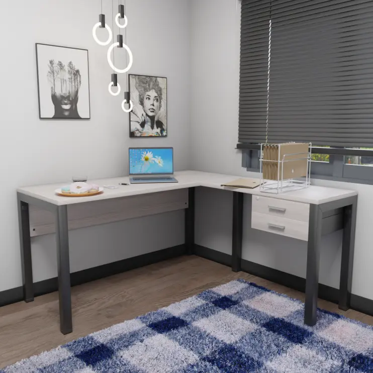 MESA EM L COM PÉ TRAVE DE AÇO COM GAVETEIRO FIXO