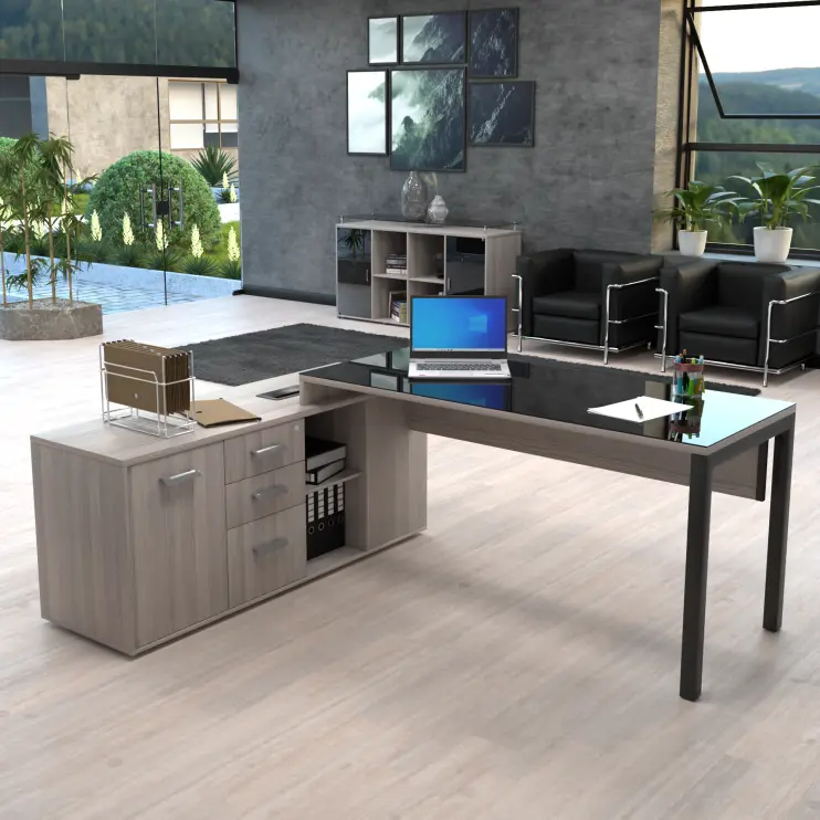 MESA DIRETIVA COM PÉ TRAVE DE AÇO E TAMPO DE VIDRO