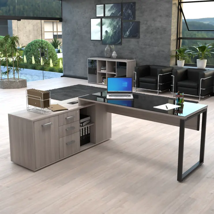 MESA DIRETIVA COM PÉ TRAVE DE AÇO E TAMPO DE VIDRO