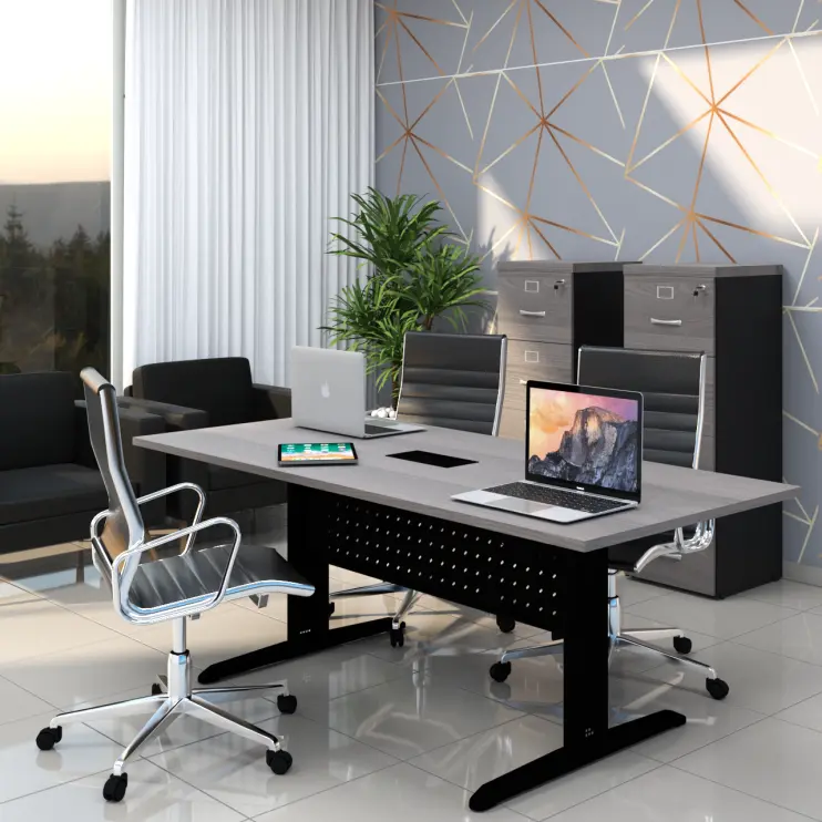 MESA REUNIÃO RETANGULAR COM CAIXA DE TOMADA E PÉ DE AÇO