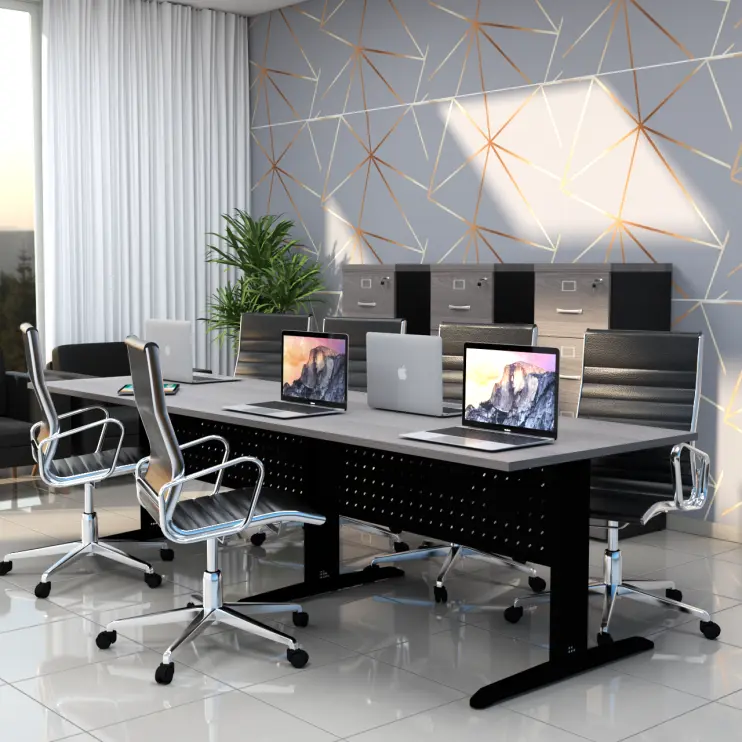 MESA DE REUNIÃO RETANGULAR BIPARTIDA COM PÉ DE AÇO