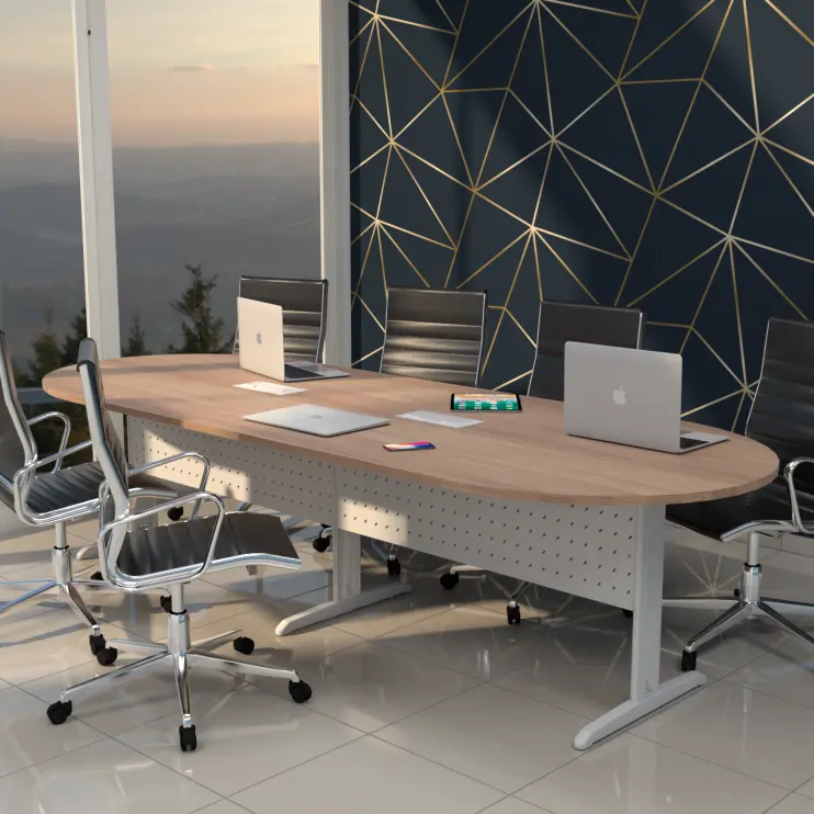 MESA OVAL BIPARTIDA COM CAIXA DE TOMADA E PÉ DE AÇO