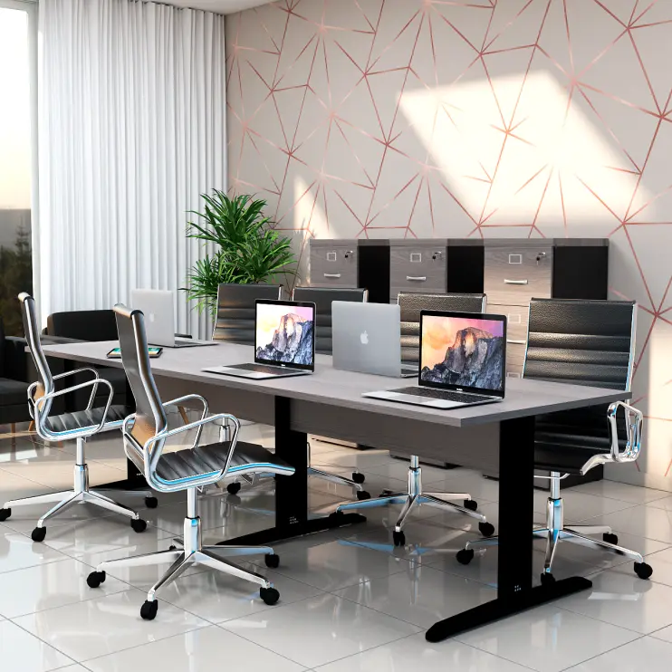 MESA DE REUNIÃO RETANGULAR BIPARTIDA COM PÉ DE AÇO