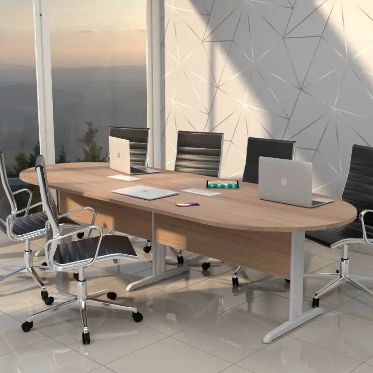 MESA OVAL BIPARTIDA COM CAIXA DE TOMADA E PÉ DE AÇO