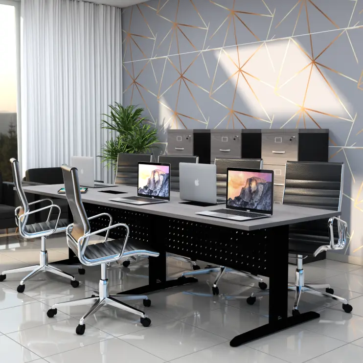 MESA RETANGULAR BIPARTIDA COM CAIXA DE TOMADA E PÉ DE AÇO