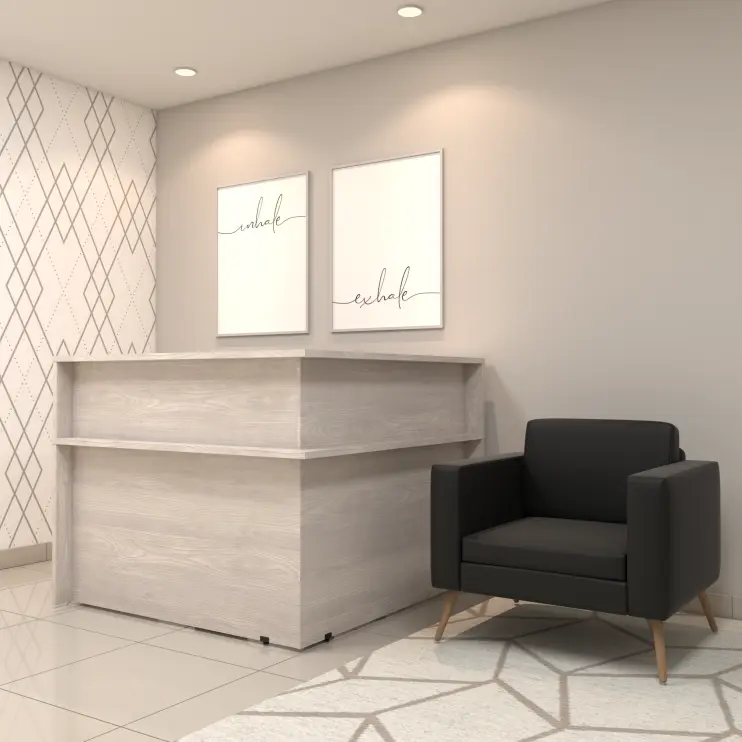 BALCÃO EM L COM PÉ PAINEL