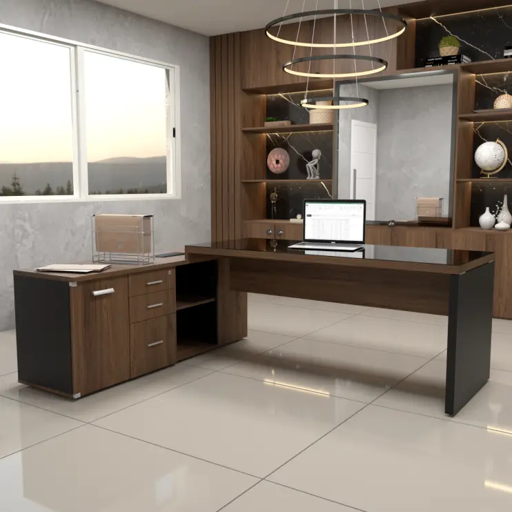 MESA DIRETIVA COM TAMPO EM VIDRO E ARMÁRIO LATERAL