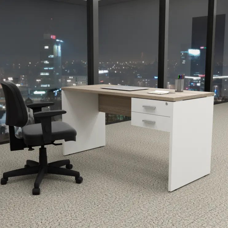 MESA RETA PÉ PAINEL COM GAVETEIRO FIXO