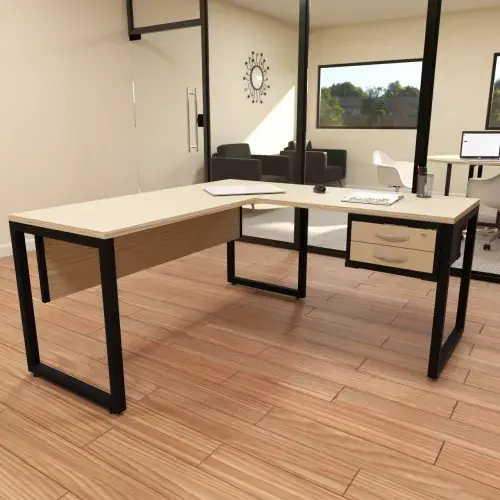 MESA EM L COM GAVETEIRO FIXO E PÉ EM AÇO