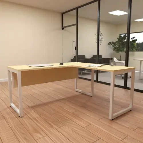 MESA EM L COM PÉ EM AÇO