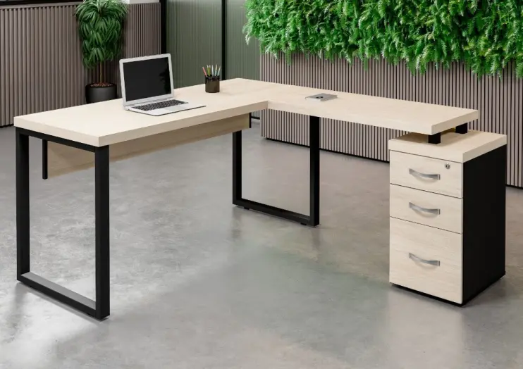 MESA EM L COM PÉ AÇO E COMPLEMENTO COM GAVETEIRO