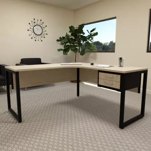 MESA DELTA COM PÉ DE AÇO E GAVETEIRO FIXO