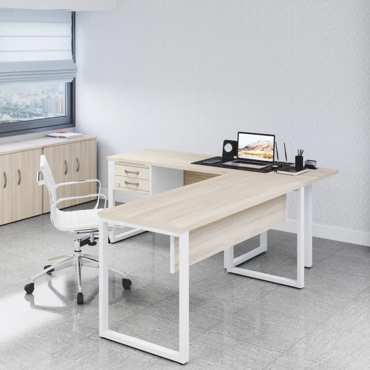 MESA EM L COM PÉ DE AÇO E CONECTOR QUADRADO