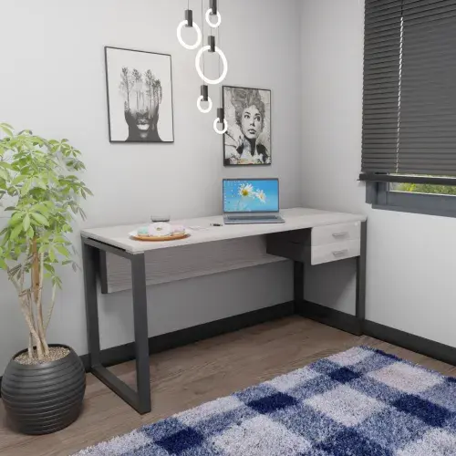 MESA RETA PÉ TRAVE DE AÇO COM GAVETEIRO FIXO