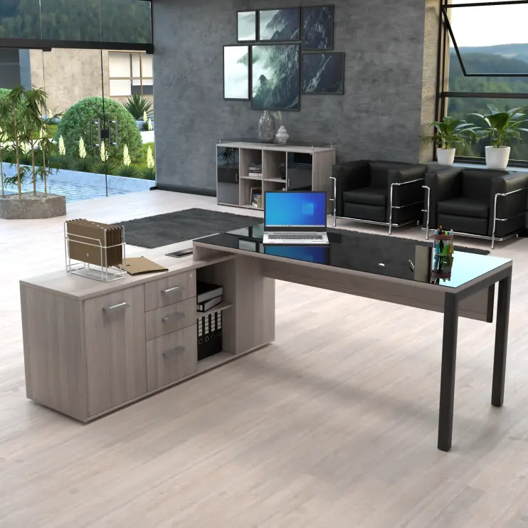 MESA DIRETIVA COM PÉ TRAVE DE AÇO E TAMPO DE VIDRO