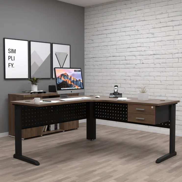 MESA DELTA PARA ESCRITÓRIO COM SAIA EM AÇO E GAVETEIRO FIXO