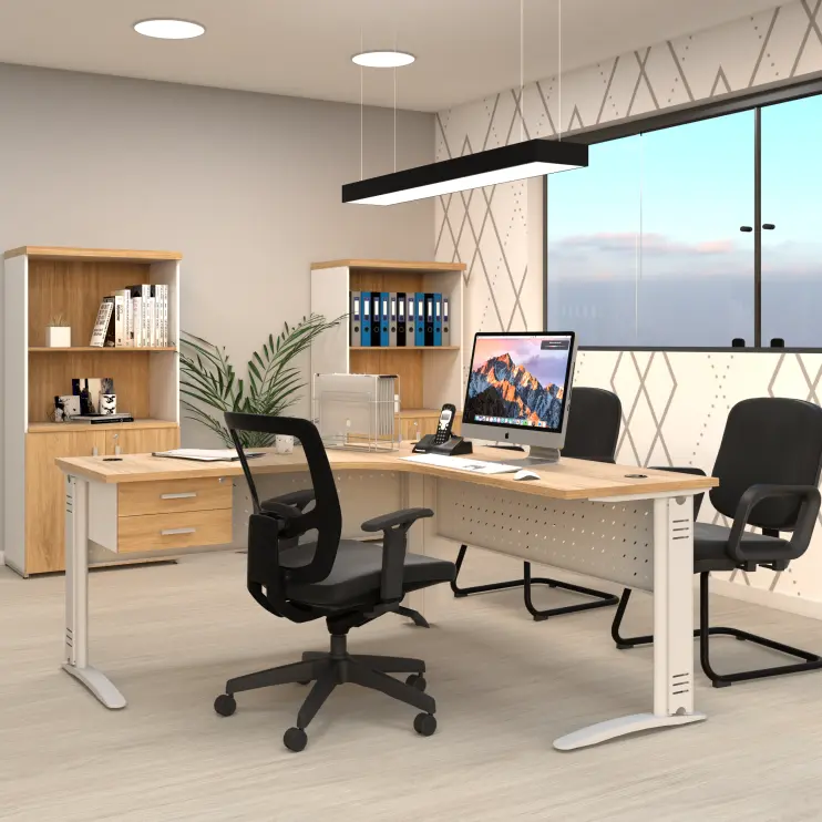 MESA DELTA FRONTAL EM AÇO COM GAVETEIRO FIXO