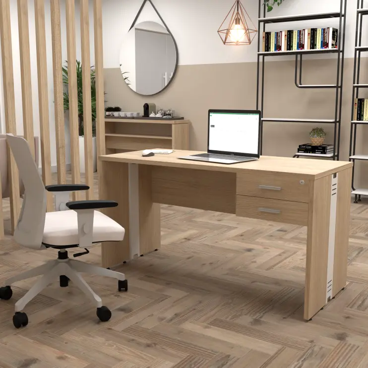 MESA RETA COM GAVETEIRO FIXO E PÉ PAINEL