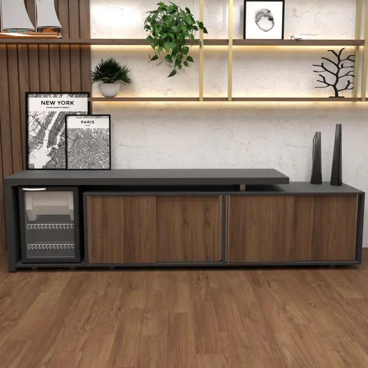 ARMÁRIO BAIXO DIRETOR COM PORTAS DE CORRER E NIHCO PARA FRIGOBAR