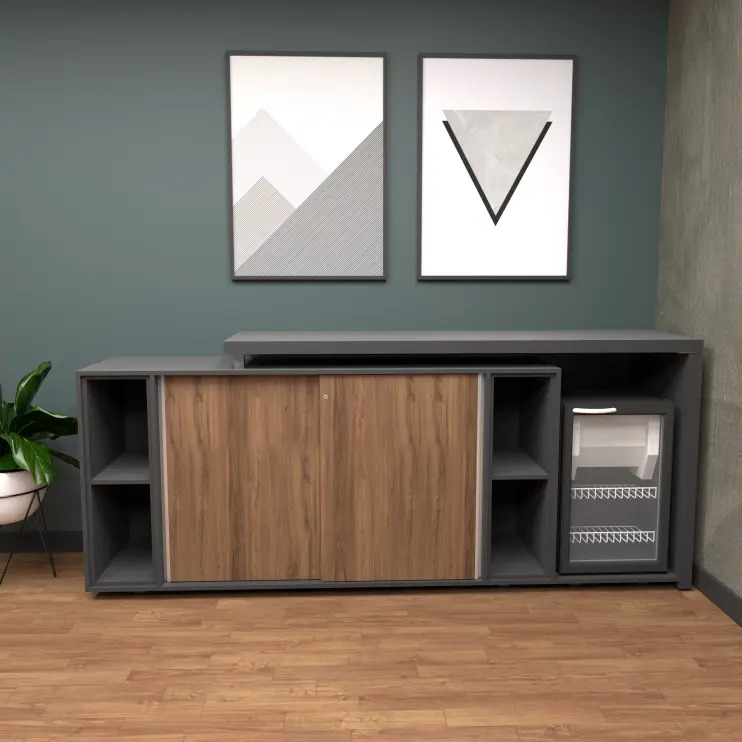 ARMÁRIO BAIXO DIRETOR COM PORTAS DE CORRER E NIHCO PARA FRIGOBAR