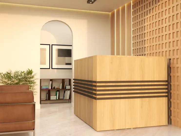 BALCÃO DE ATENDIMENTO EM L COM DETALHE EM SARRAFOS