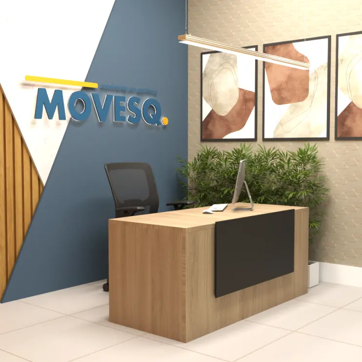 BALCÃO DE ATENDIMENTO RETO BAIXO COM PAINEL FRONTAL EM MADEIRA