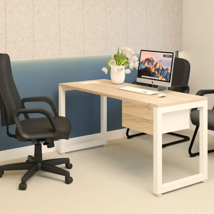 MESA RETA COM PÉ TUBULAR E GAVETEIRO FIXO