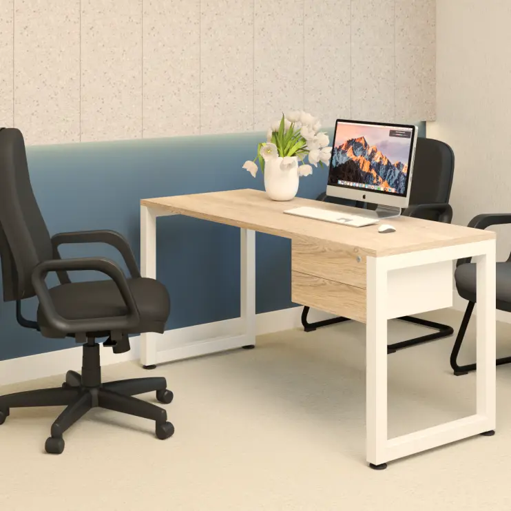 MESA RETA COM PÉ TUBULAR E GAVETEIRO FIXO