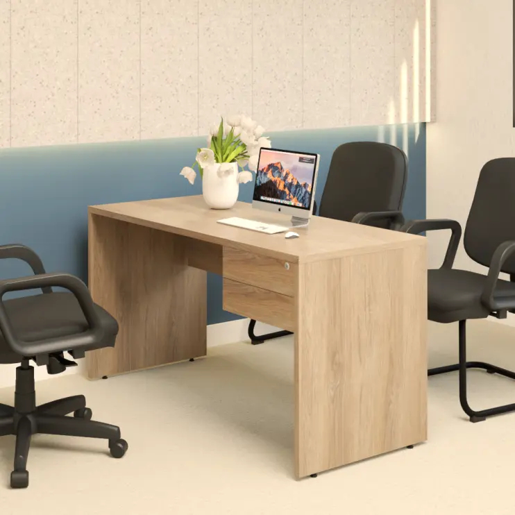 MESA RETA PÉ PAINEL COM GAVETEIRO FIXO