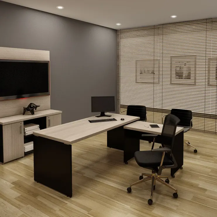 CONJUNTO DE MESA DIRETIVA RETA E MESA AUXILIAR COM RODÍZIOS