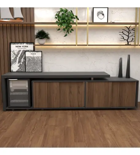 ARMÁRIO BAIXO DIRETOR COM PORTAS DE CORRER E NIHCO PARA FRIGOBAR